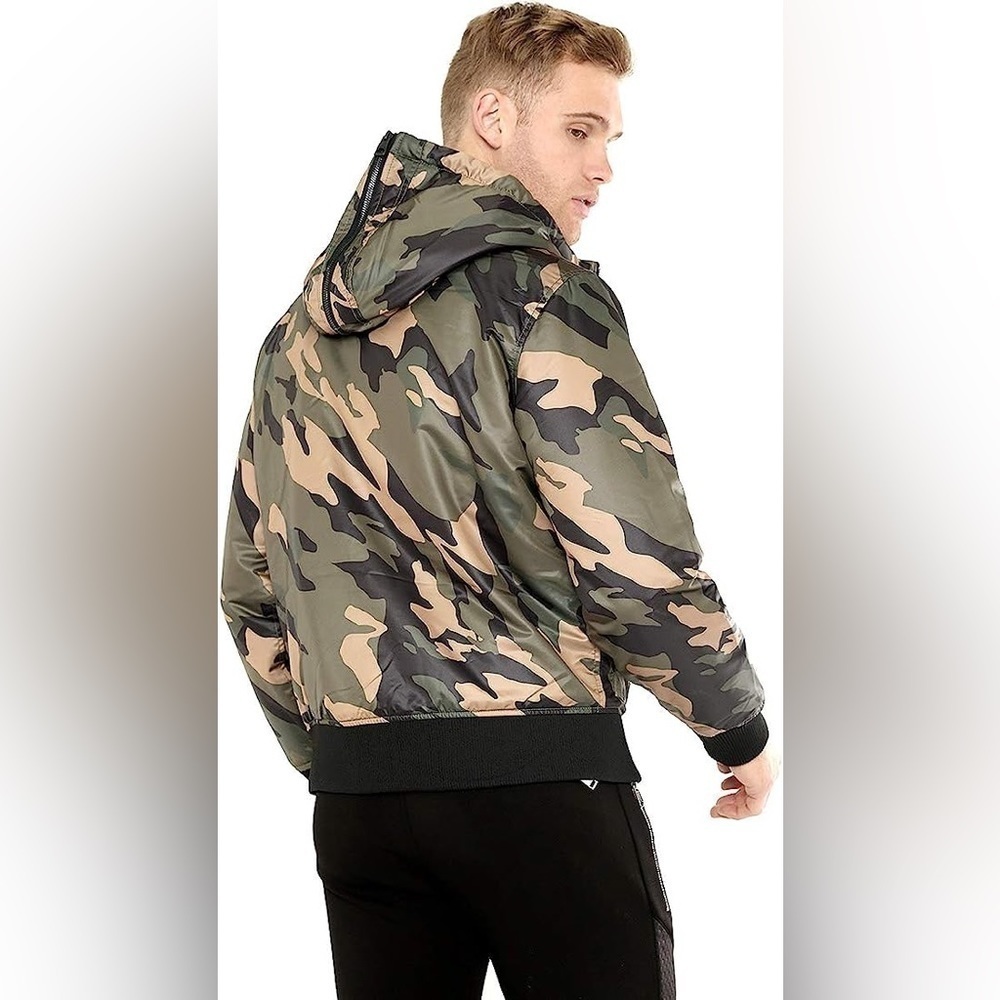🆕 GUESS Men's Long Sleeve Alpine Camo Hood Bomber Jacket size XL - Picture 2 of 12
